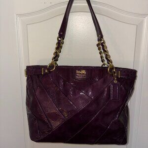 Coach Madison Tote Diagonal Pleated Patent Leather - Deep Purple